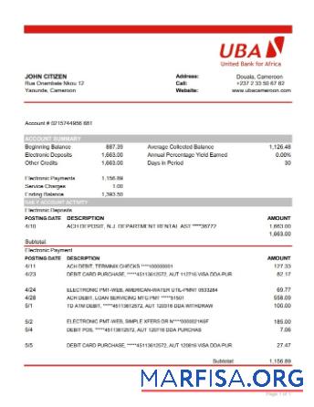Downloadable Cameroon UBA bank statement excel download for verification